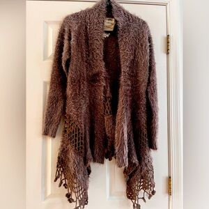 Super soft brown cardigan with embroidery detail at waist and hem